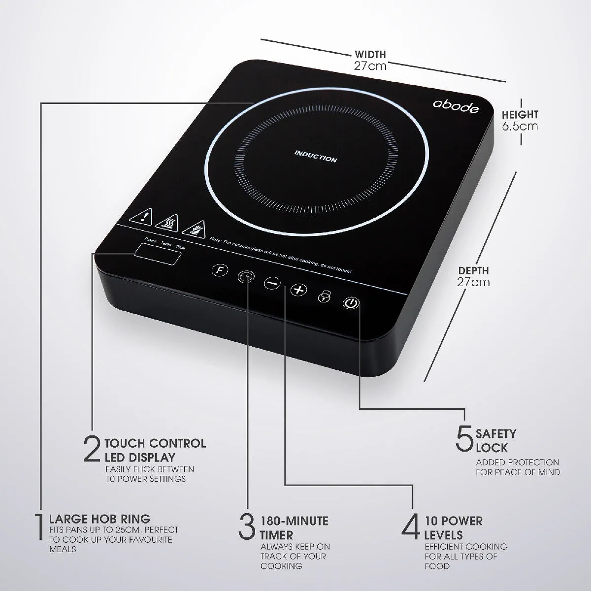 Abode AINDH1001 Portable Single Induction Hob, Digital Touch Control 2kW - Black