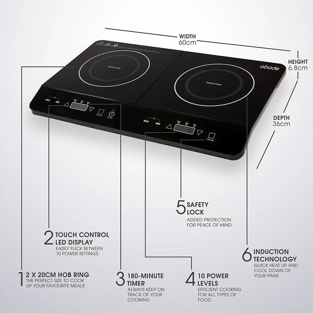 Abode AINDH2003 Portable Double Induction Hob, Digital Dual Control 2.8kW Plug & Play - Black