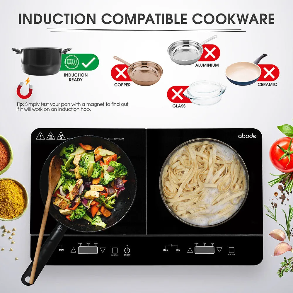 Abode AINDH2003 Portable Double Induction Hob, Digital Dual Control 2.8kW Plug & Play - Black