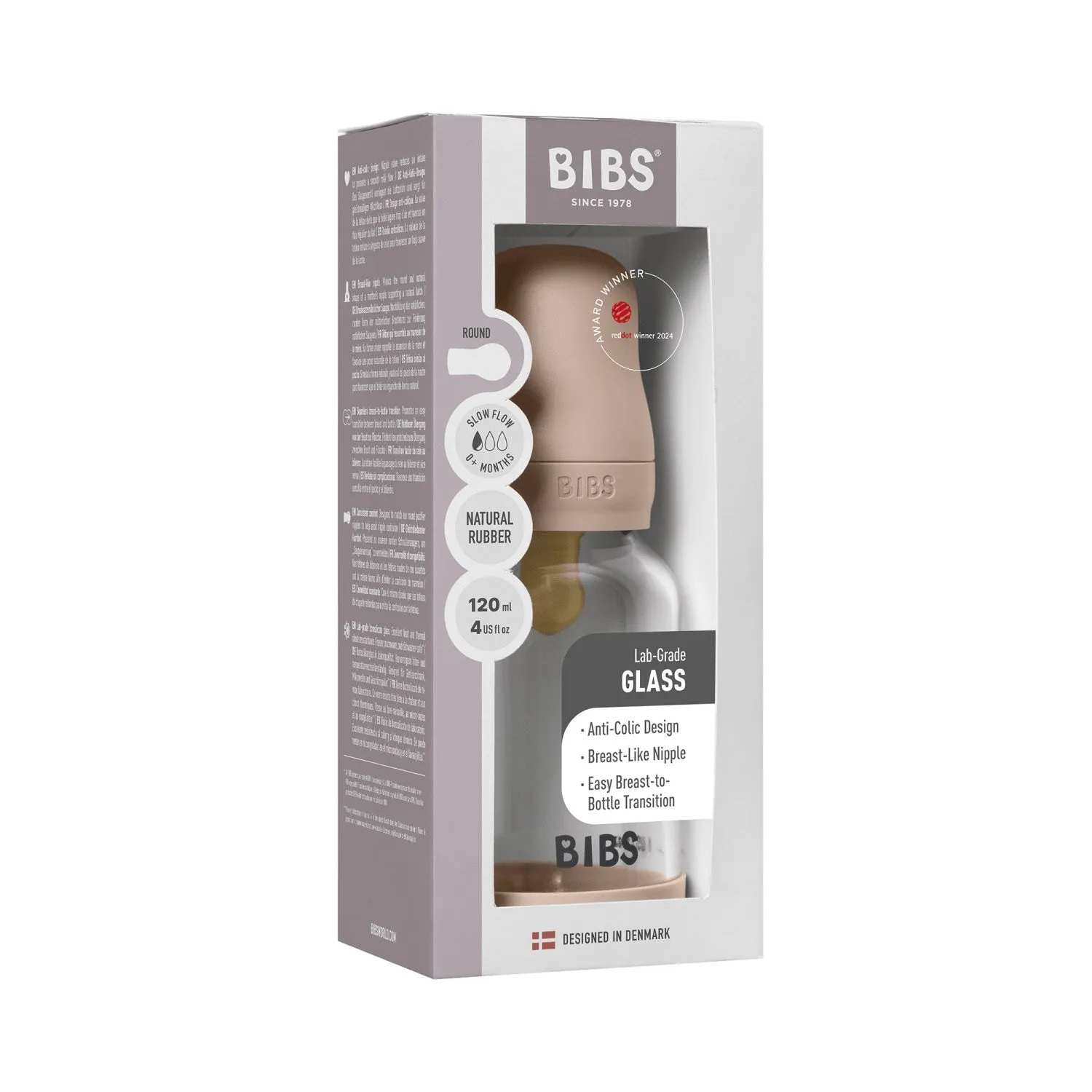 Bibs Blush Glass Baby Bottle Round Latex Slow Flow
