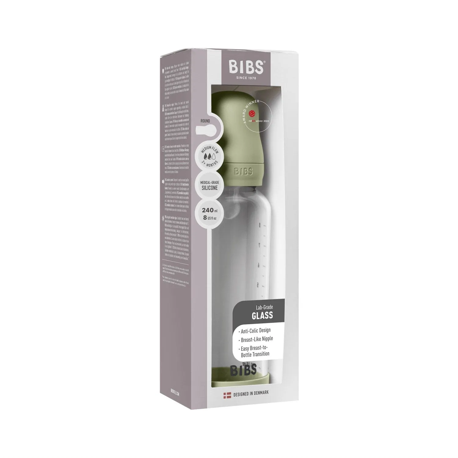 Bibs Sage Glass Baby Bottle Round Silicone Medium Flow