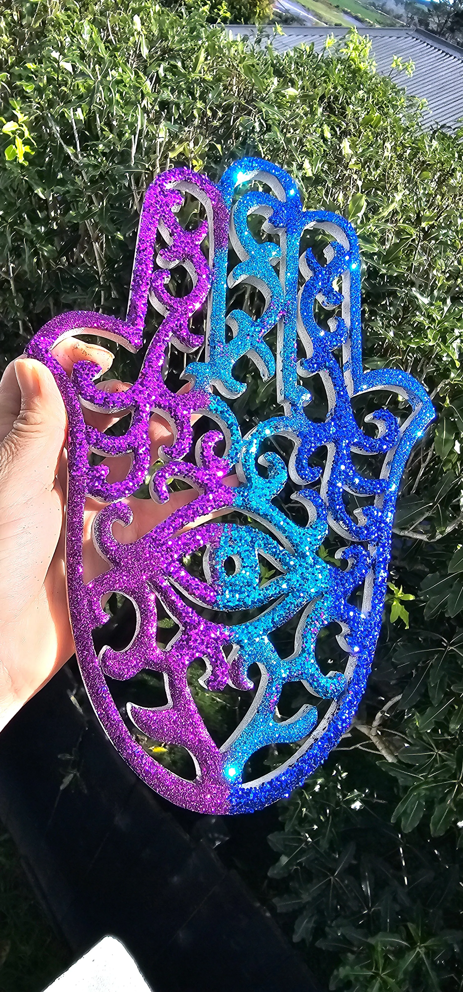 BLUE/PURPLE GLITTER WOOD HAMSA WALL ART