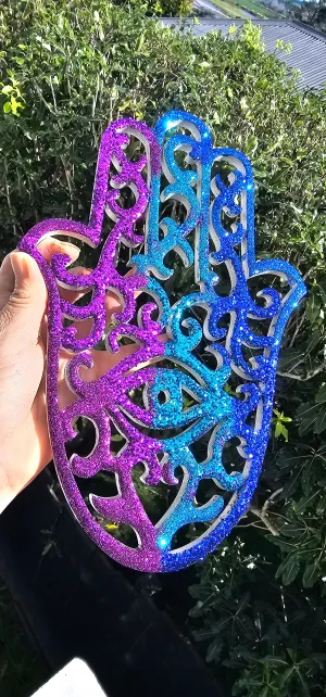 BLUE/PURPLE GLITTER WOOD HAMSA WALL ART