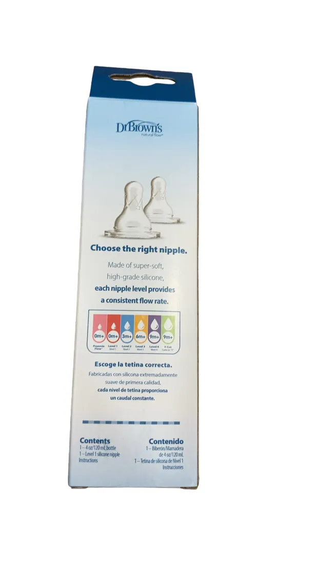 Dr. Brown's Anti-Colic Narrow Bottle, Options , Clear, 4 oz/120 ml, Level 1 Nipple (0 months )