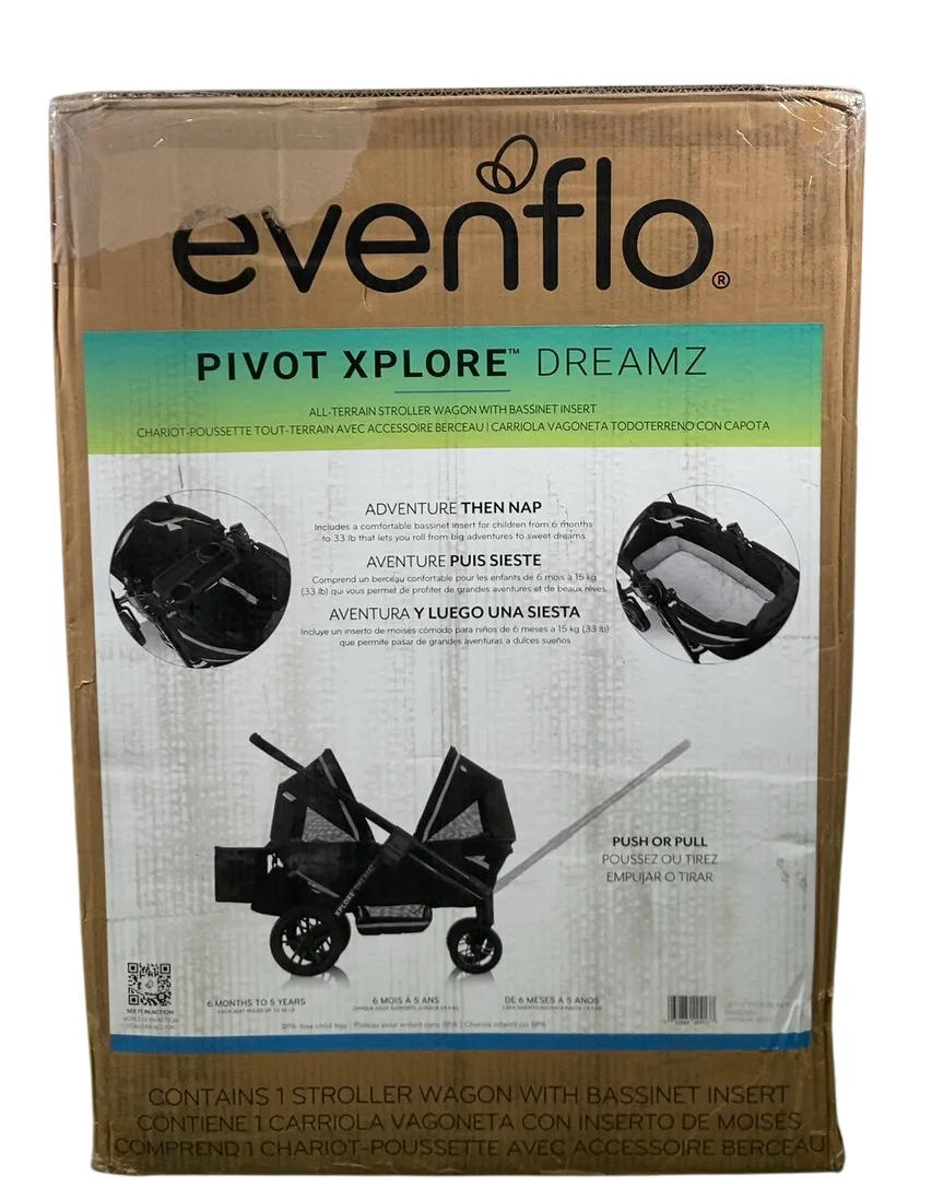 Evenflo Pivot Xplore Dreamz All-Terrain Stroller Wagon with Bassinet Insert, 2024, Jetsetter Black