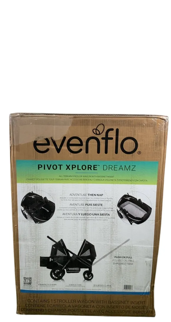 Evenflo Pivot Xplore Dreamz All-Terrain Stroller Wagon with Bassinet Insert, 2024, Jetsetter Black