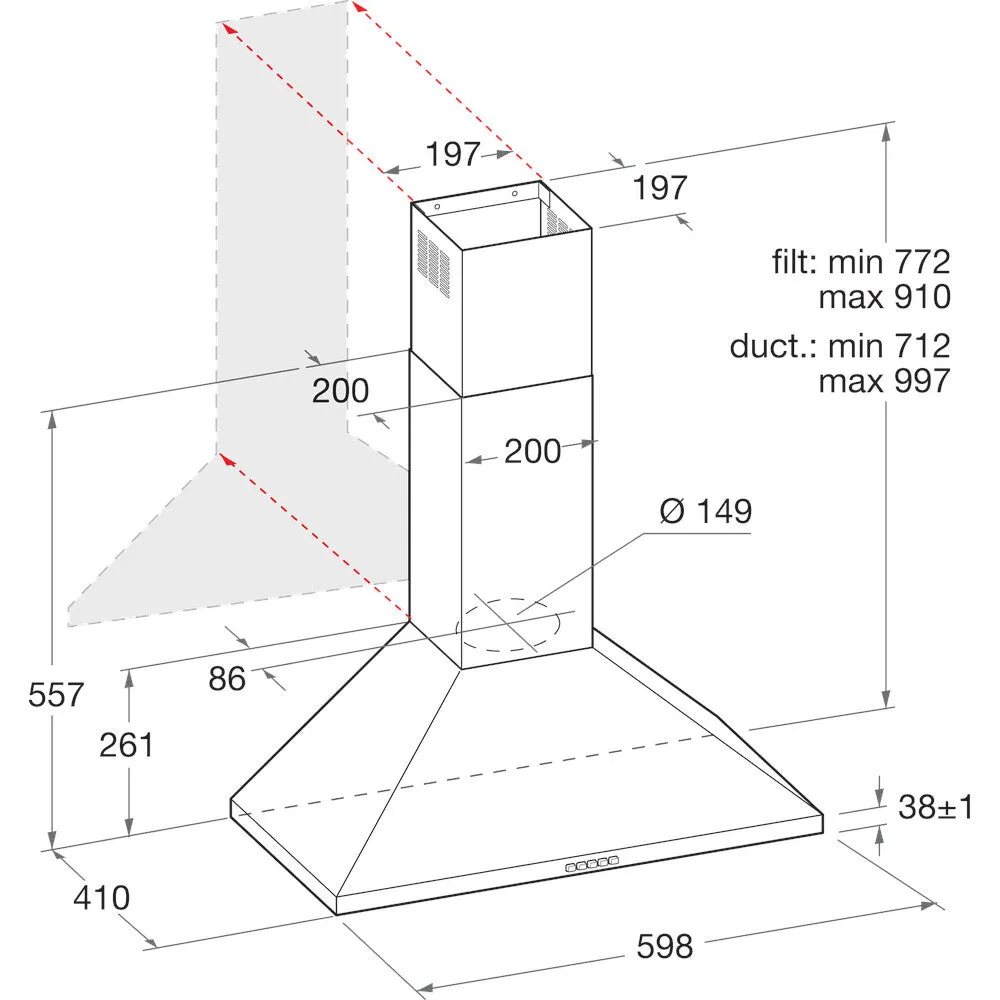 Hotpoint PHPN6.5 FLMX/1 Wall-mounted Cooker Hood - 415m³/h, Stainless Steel