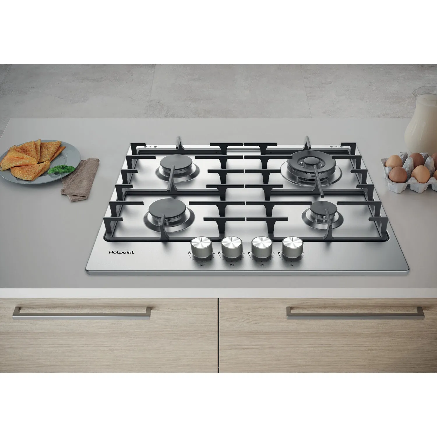 Hotpoint PPH 60G DF IX UK Built-in 60cm Gas Hob - 4 Zones, Silver