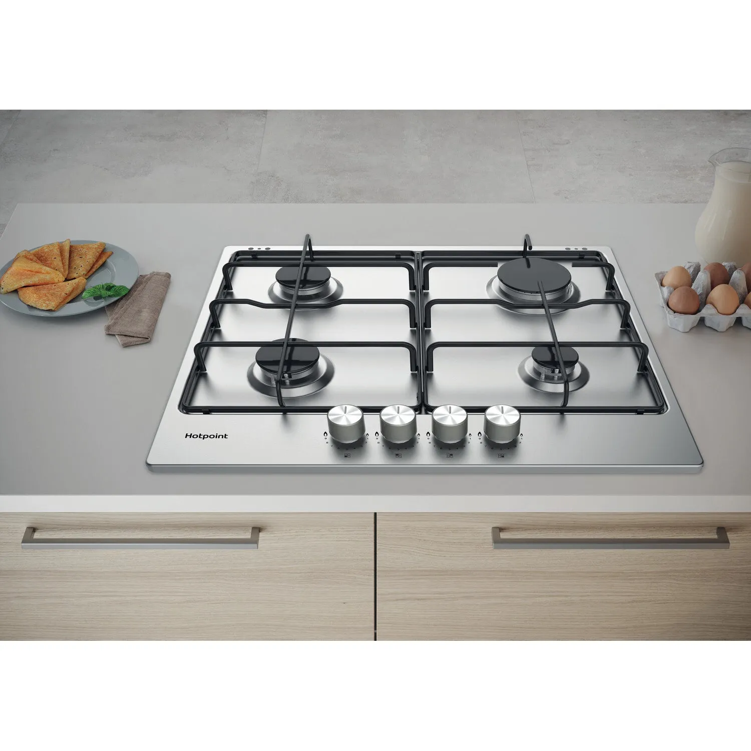 Hotpoint PPH 60P F IX UK Built-in 60cm Gas Hob - 4 Zones, Silver