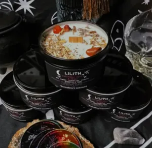 Lilith Candle - 8oz 100% Soy - Wood Wick - Crystals & Essential Oils