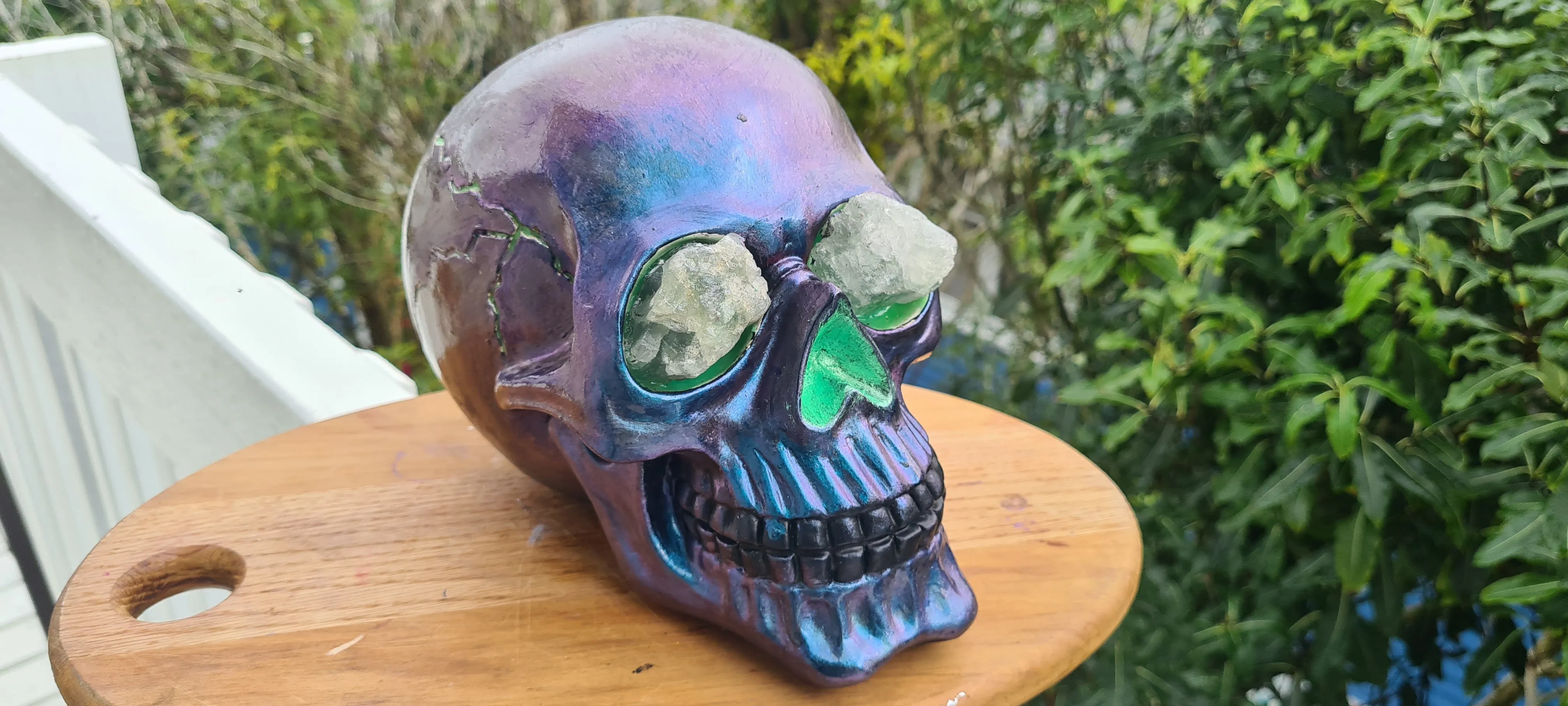 METALLIC SKULL with crystal eyes- painted by me