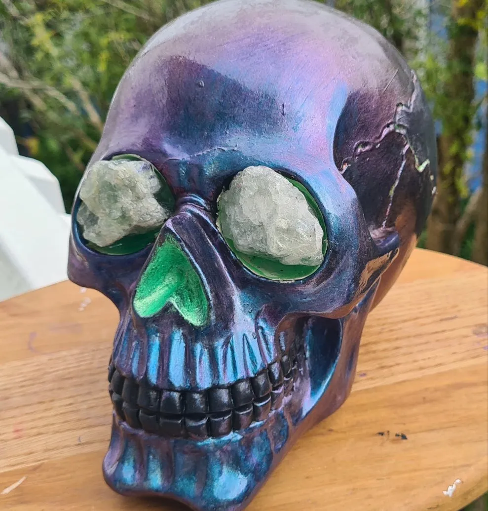 METALLIC SKULL with crystal eyes- painted by me