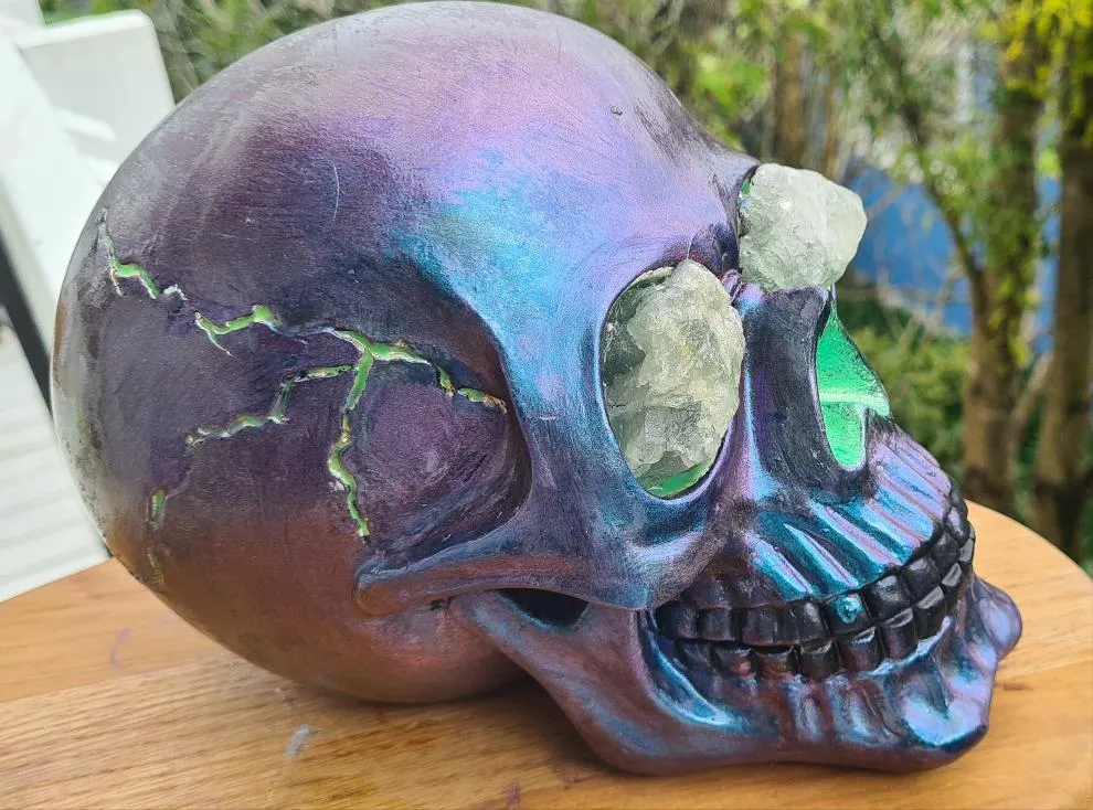 METALLIC SKULL with crystal eyes- painted by me