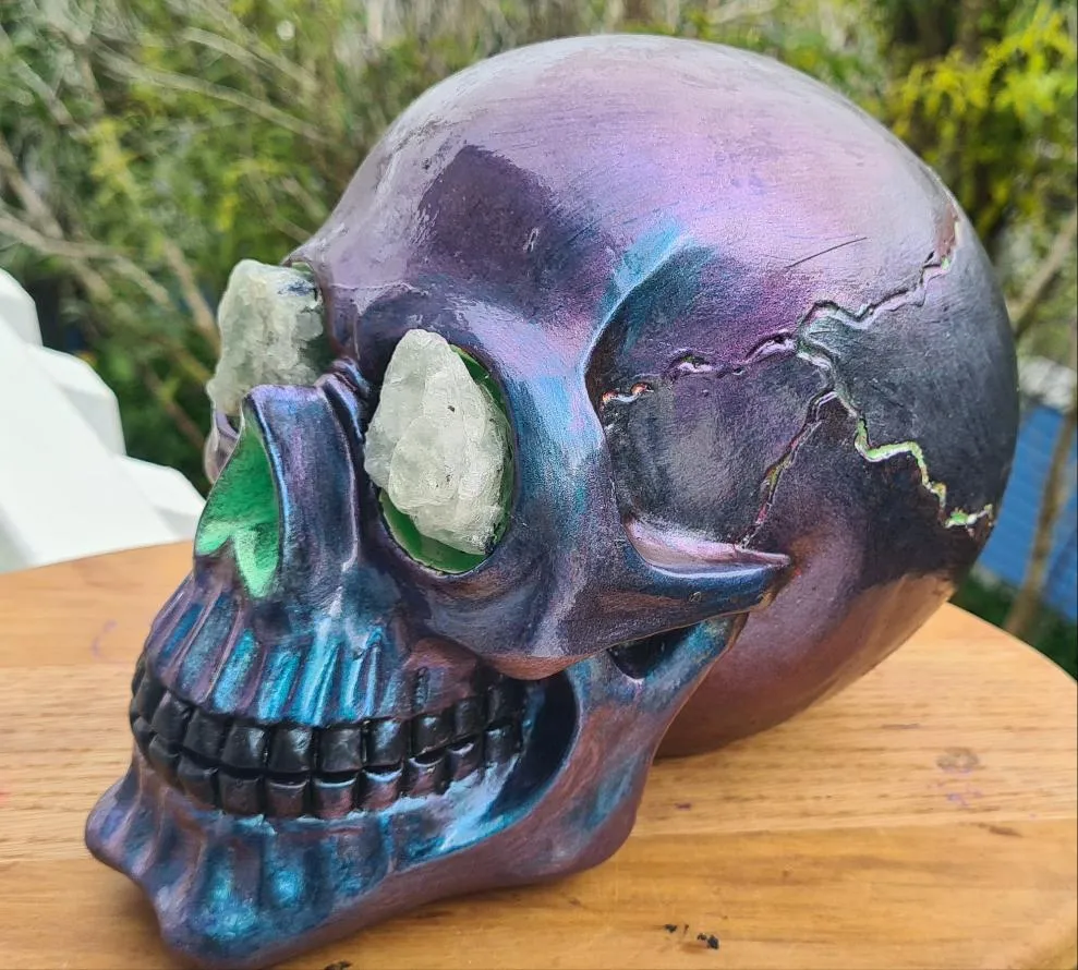 METALLIC SKULL with crystal eyes- painted by me
