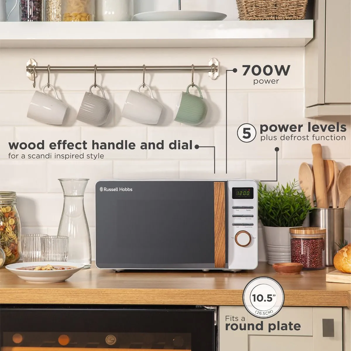 Russell Hobbs 17 Litre Scandi Digital Microwave with Wood Effect- White