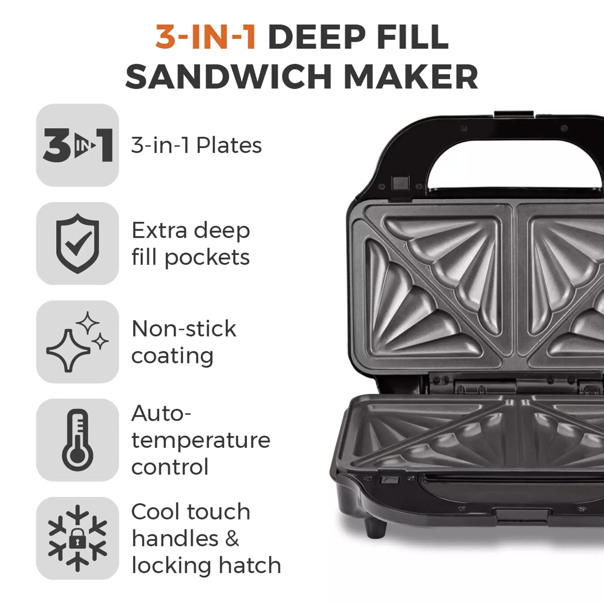 Tower 3 in 1 Deep Filled Sandwich Maker 900W - Stainless steel