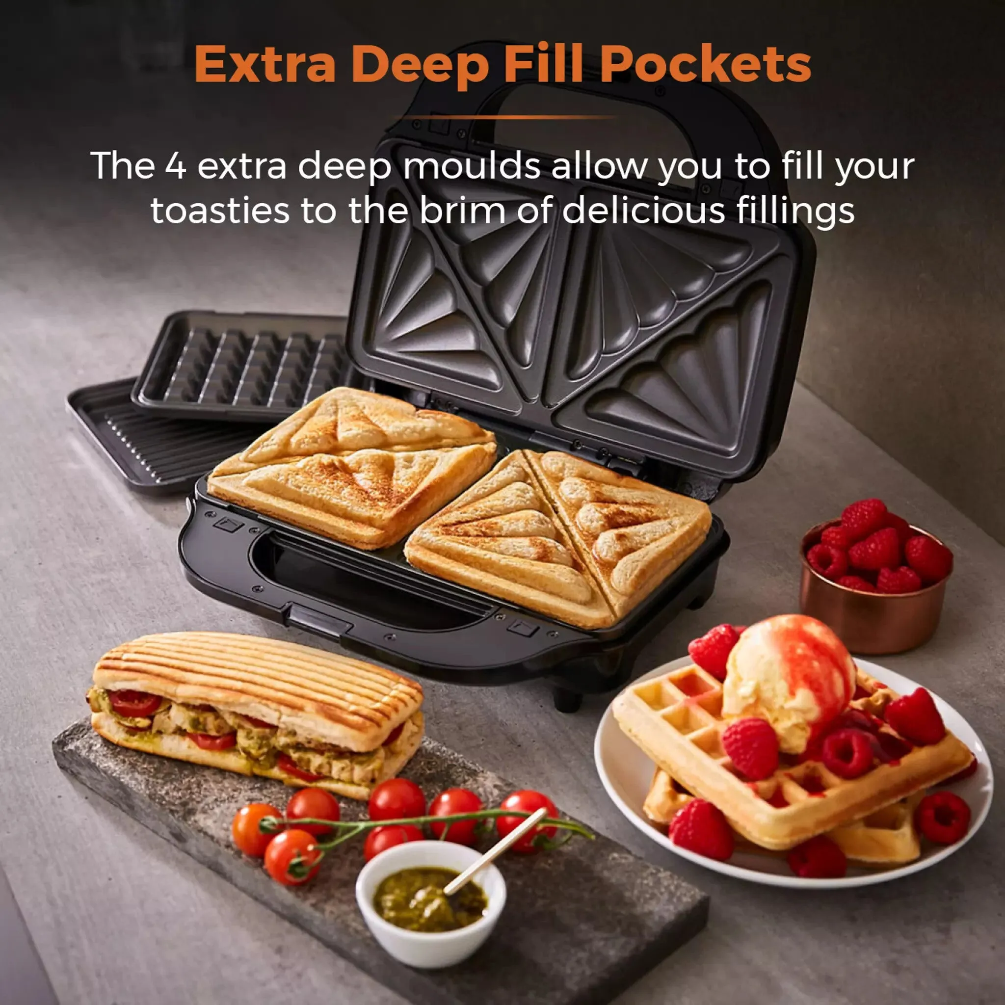 Tower 3 in 1 Deep Filled Sandwich Maker 900W - Stainless steel