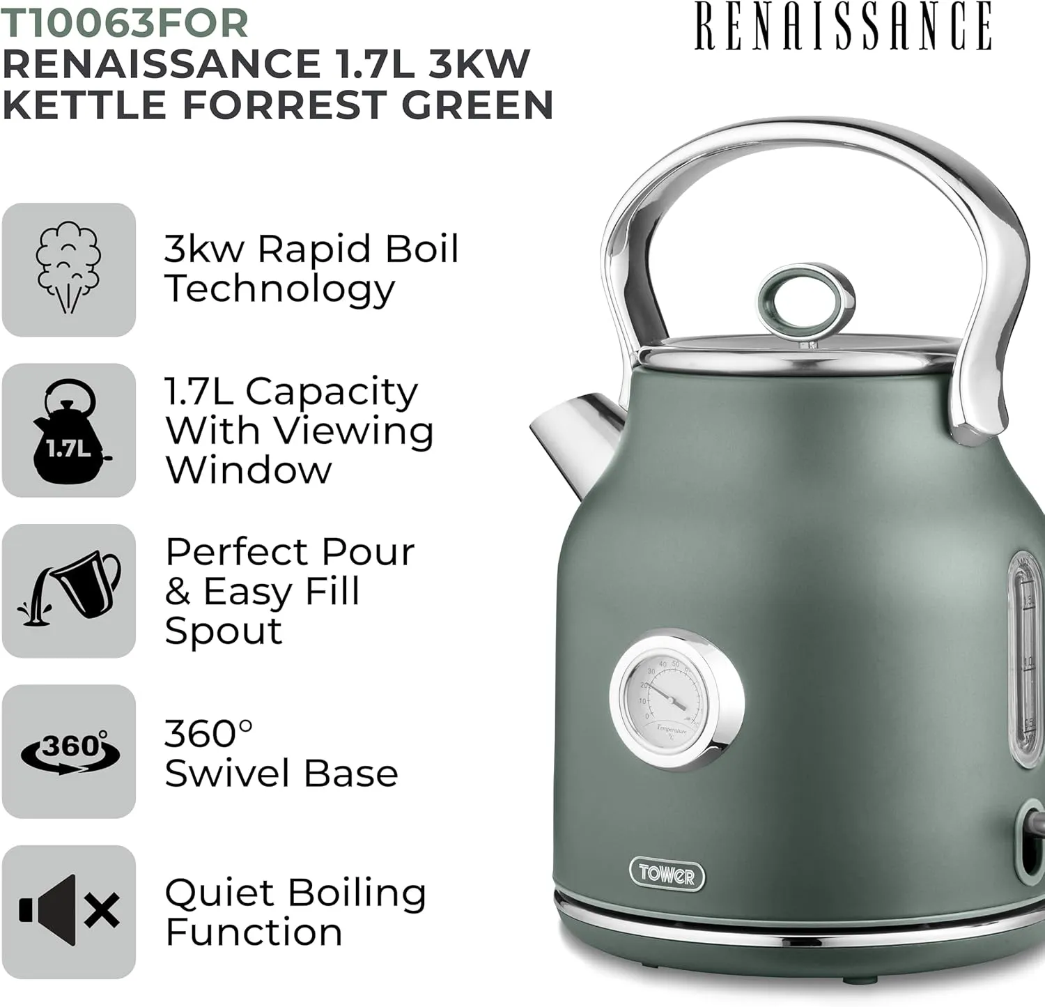 Tower Renaissance 1.7L Kettle - Forest Green