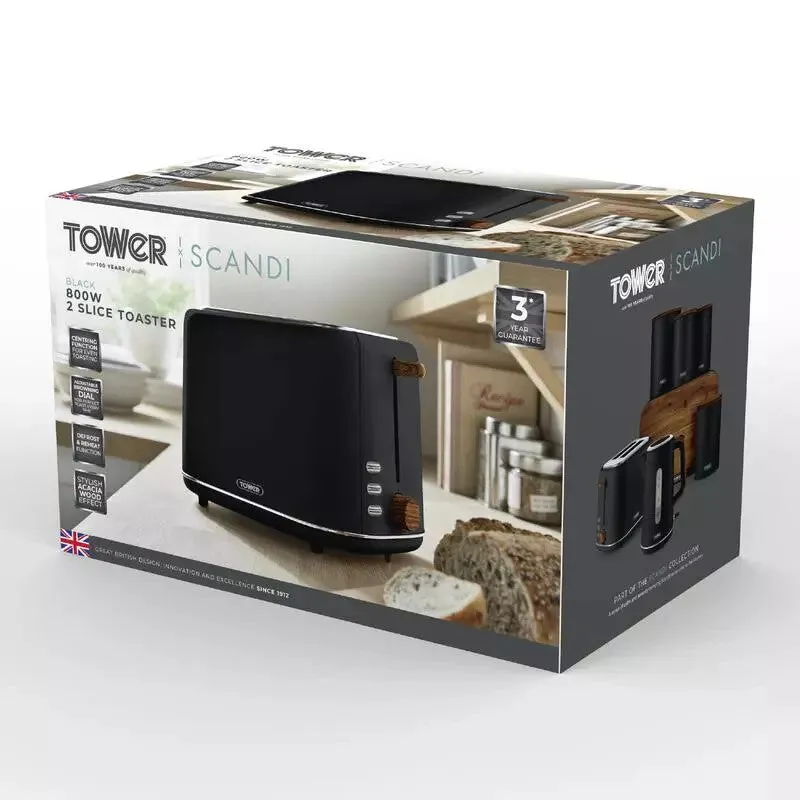 Tower Scandi 2 Slice 800W Toaster - Black