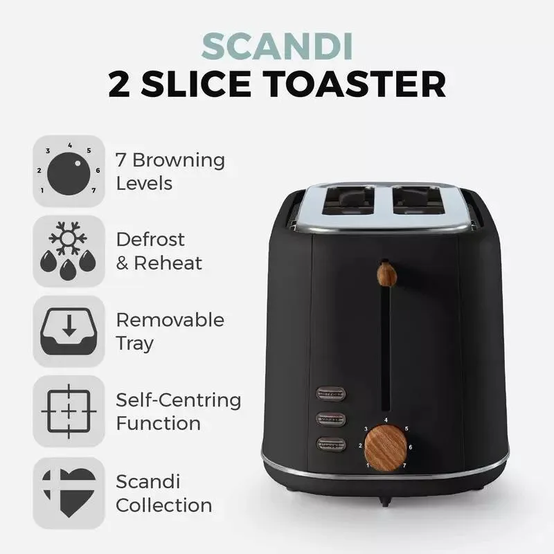 Tower Scandi 2 Slice 800W Toaster - Black
