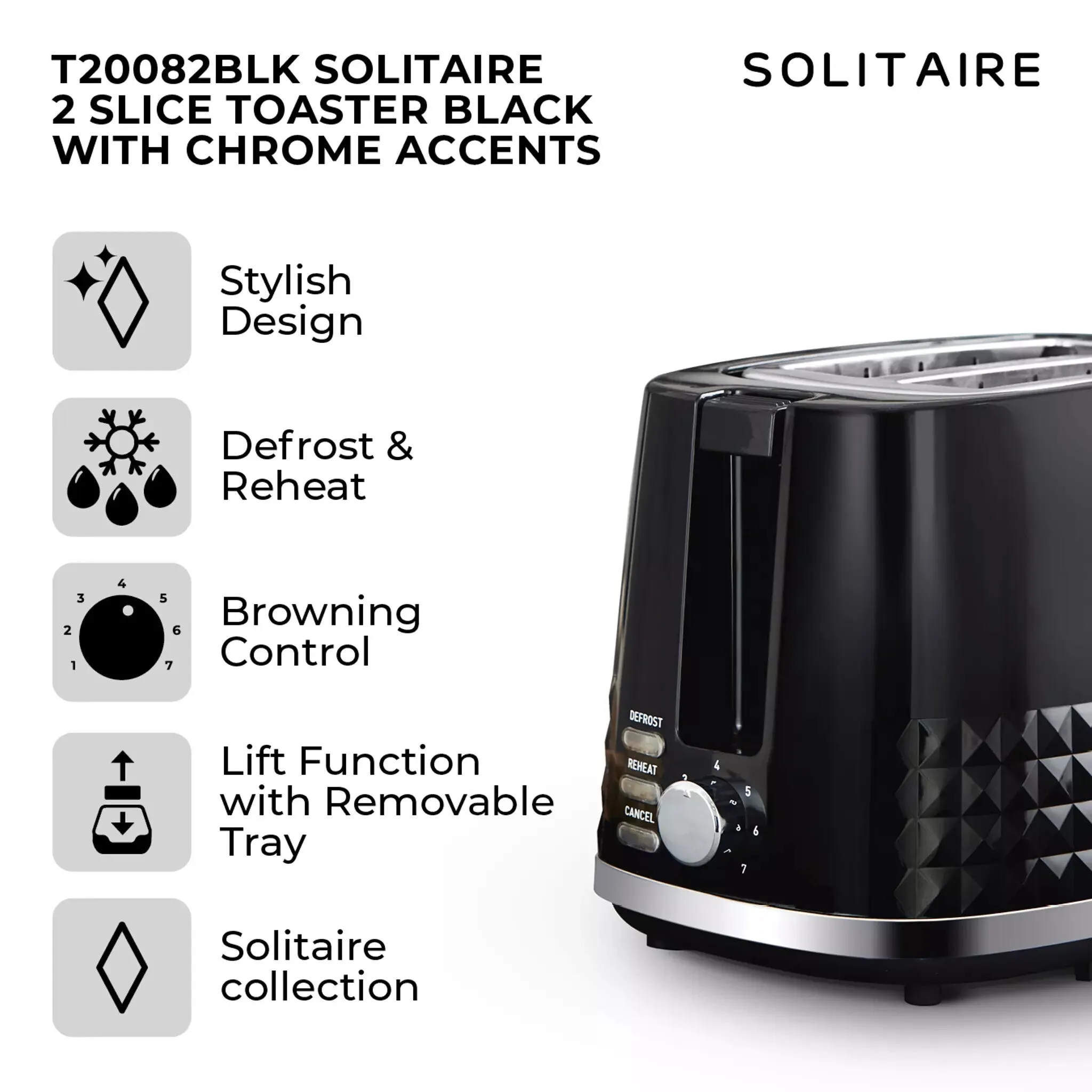 Tower Solitaire 2 Slice Toaster -Black