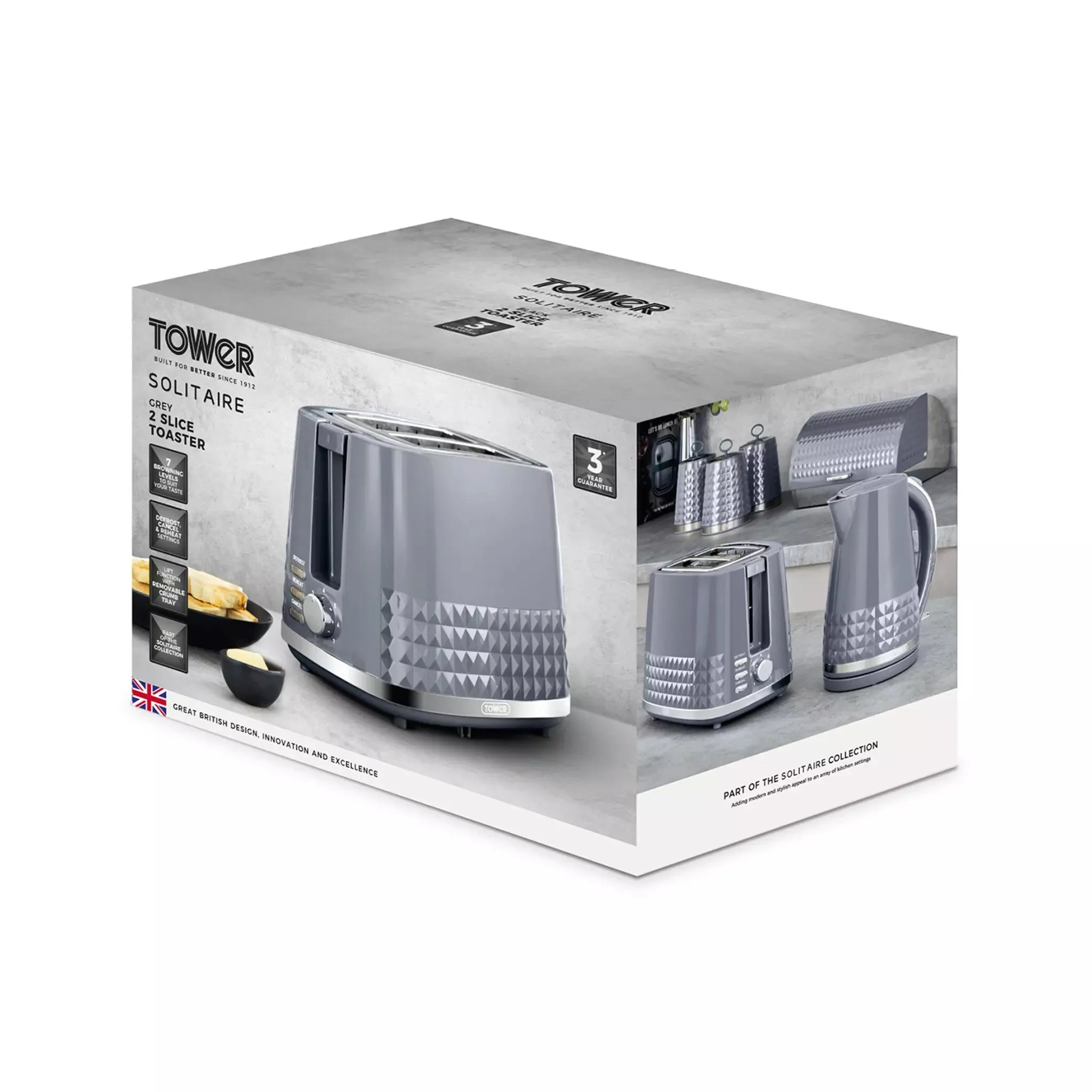 Tower Solitaire 2 Slice Toaster - Grey