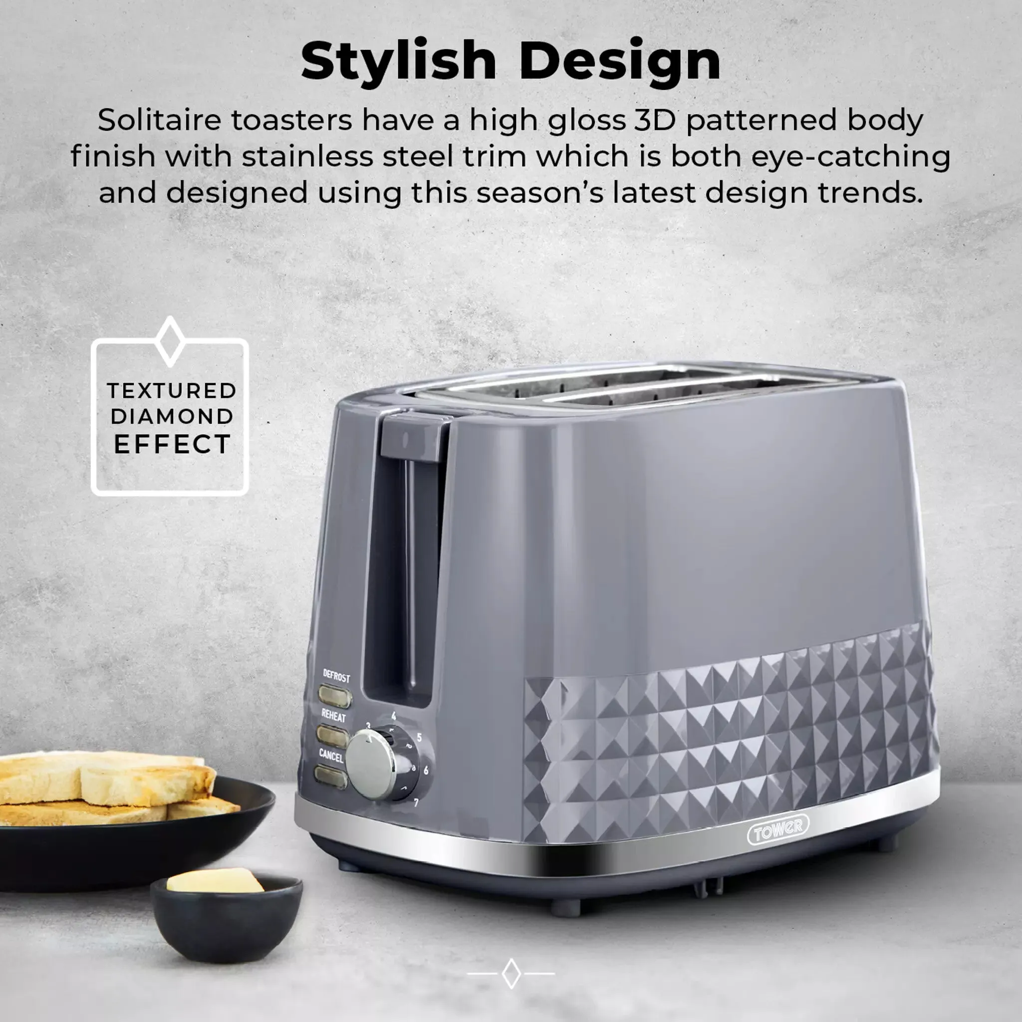 Tower Solitaire 2 Slice Toaster - Grey