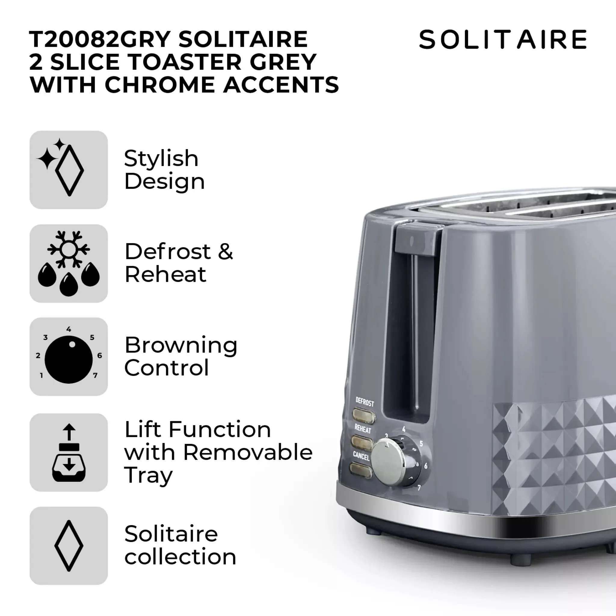 Tower Solitaire 2 Slice Toaster - Grey