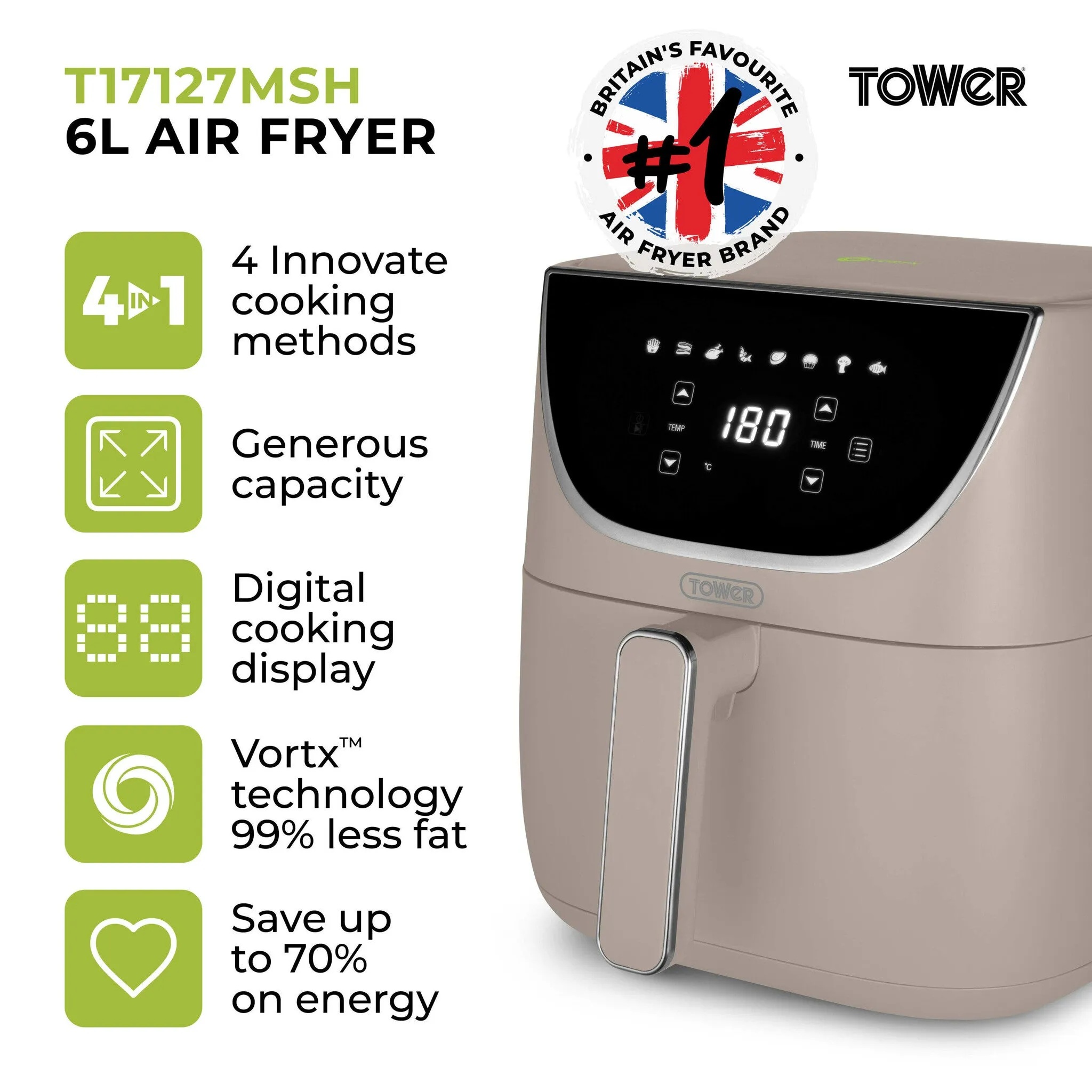 Tower T17127MSH fryer Single 6 L Stand-alone 1700 W Hot air fryer Brown