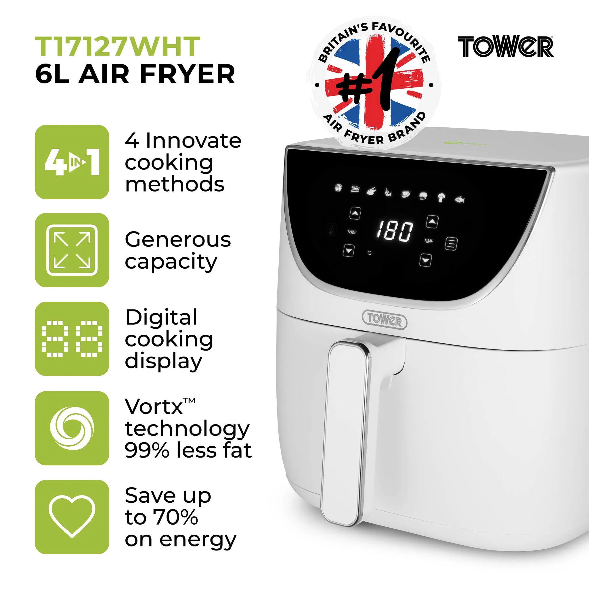Tower T17127WHT fryer Single 6 L Stand-alone 1700 W Hot air fryer White