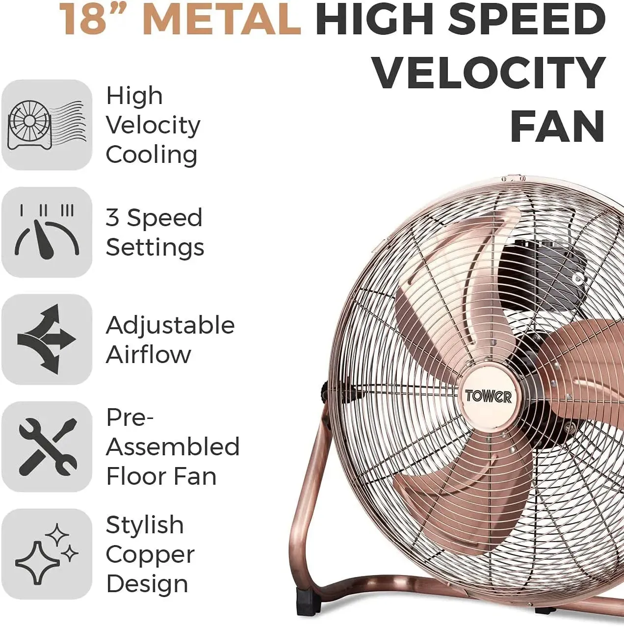 Tower T662000C 18" Velocity Floor Fan - Copper