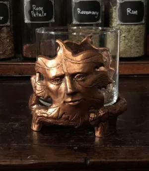 Vintage Spirit of the Forest Candleholder - Metal & Glass - Copper Finish - Greenman - Oak King - Autumn Leaves