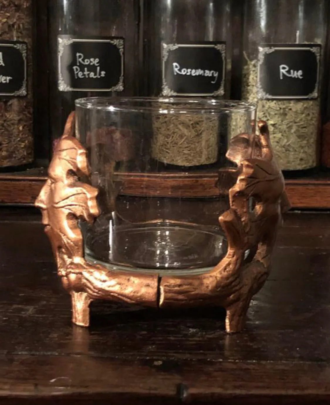 Vintage Spirit of the Forest Candleholder - Metal & Glass - Copper Finish - Greenman - Oak King - Autumn Leaves